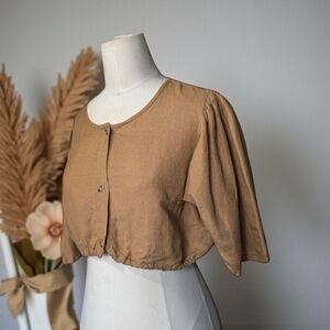 First Rite Caramel Brown Crop Blouse - Button Down - 100% Linen